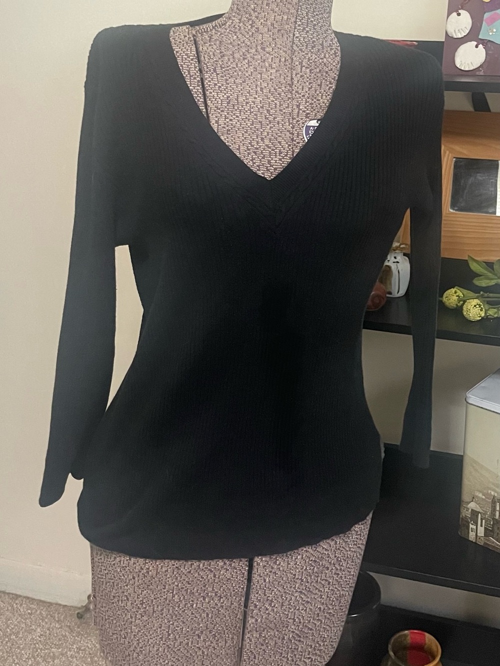 Lauren Ralph Lauren Black V-Neck Ribbed Long-Sleeve Top